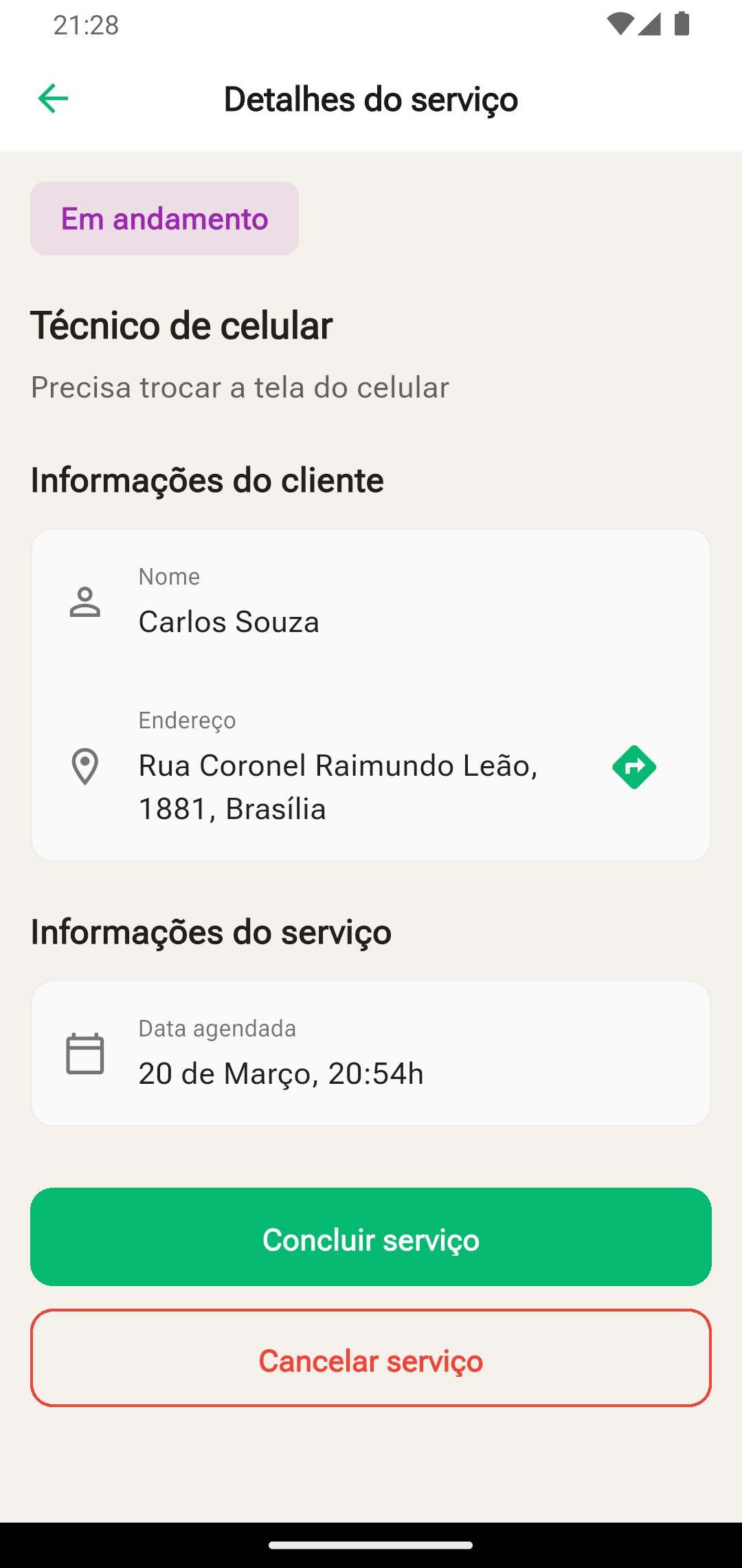 Detalhes do serviço